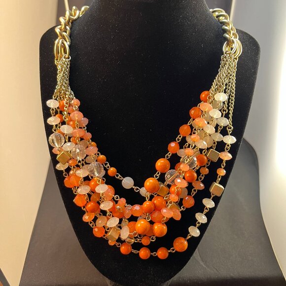 Multi-Strand 22" Bib Necklace Gold-tone Chain 8 Strand Coral Color - Picture 1 of 4